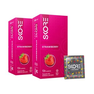 Skore Condoms Strawberry Flavoured (10 Condoms in 1 Pack) – Pack of 2