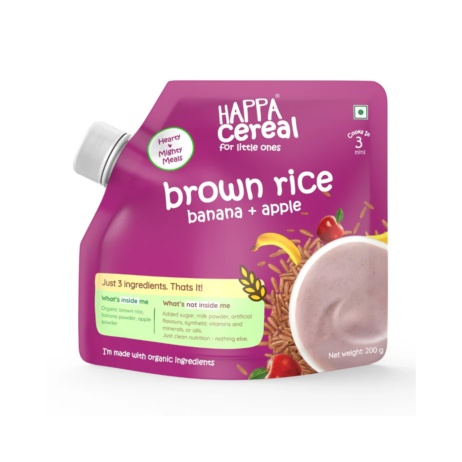Happa Organic Baby Food, Brown Rice+ Apple + Banana Porridge Mix, Stage 2, 6 Months+ 200 Gram