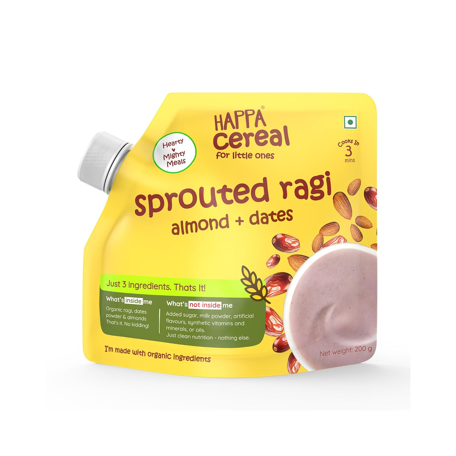 Happa Cereal Sprouted Ragi with Dates and Almond Porridge, Stage 2, 6 Months+ 200g