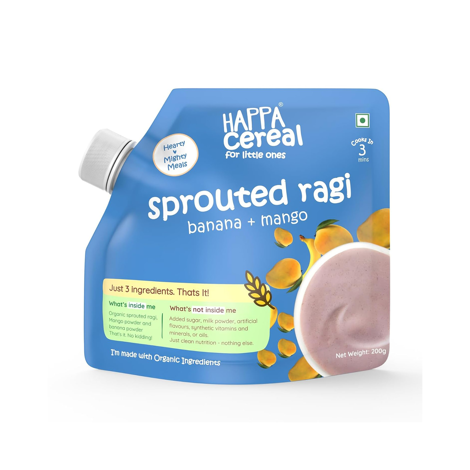 Happa Organic Baby Food Sprouted Ragi + Mango + Banana Porridge Mix, Stage 2, 6 Months+ - 200g
