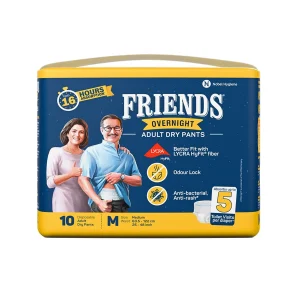Friends Overnight Adult Diapers, Pant Style, 16 Hours Protection- Medium (10 Diapers)