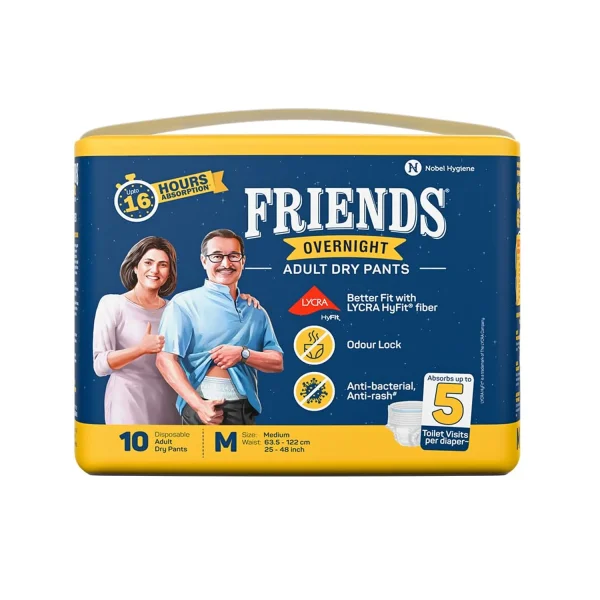 Friends Overnight Adult Diapers, Pant Style, 16 Hours Protection- Medium (10 Diapers)