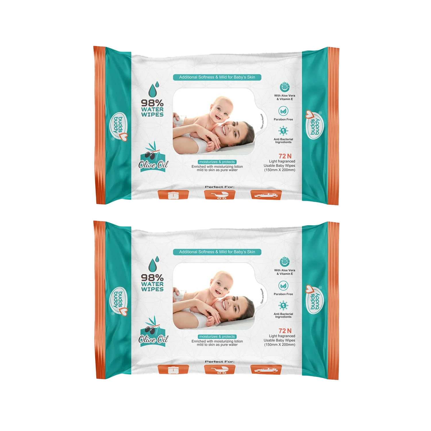 BuddsBuddy Olive Oil Baby Wet Wipes with Aloe Vera and Vitamin E 72 Wipes (Pack of 2)