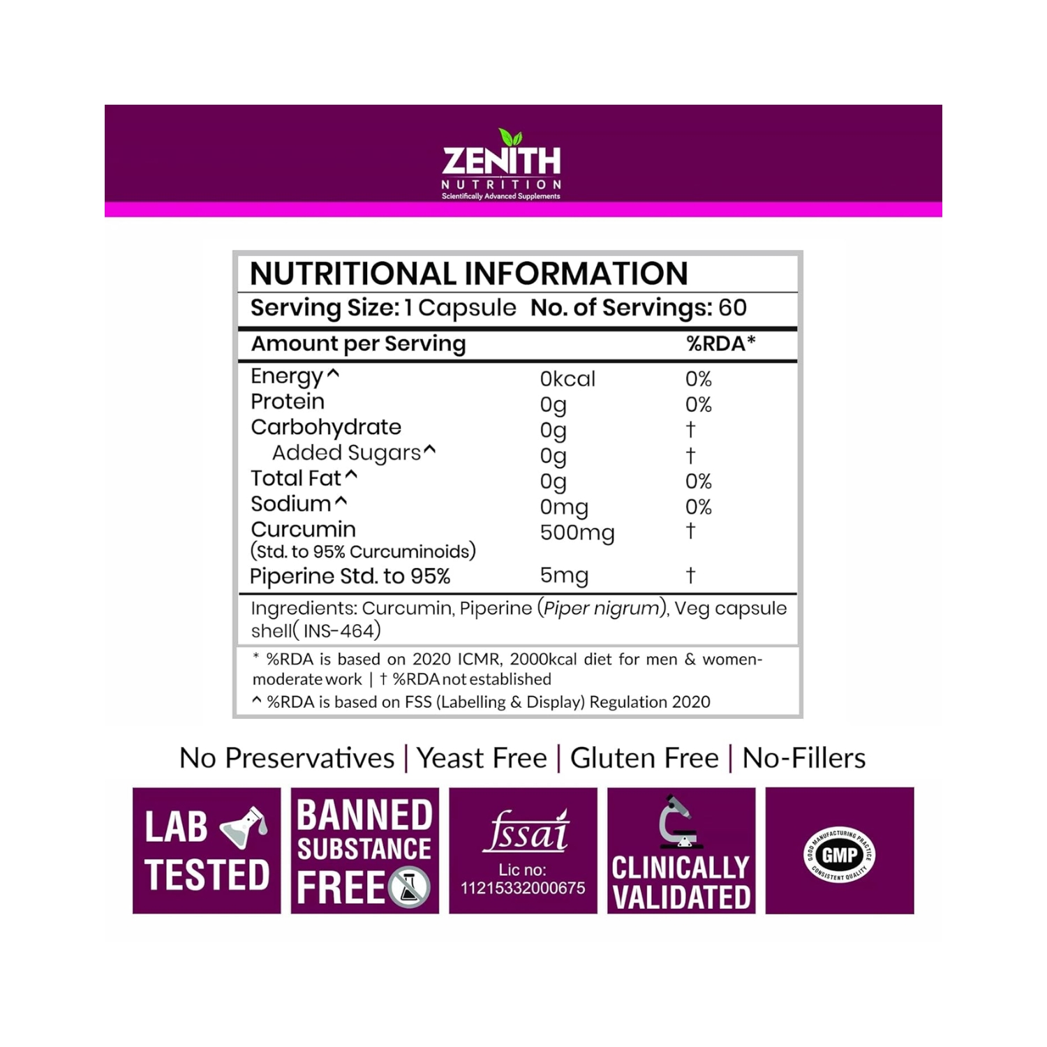 Zenith Nutrition Curcumin Plus with Piperine 500 mg – 60 Veg Capsules Immunity Support I Supports Joint Health & Flexibility Anti-Inflammatory Support (4)