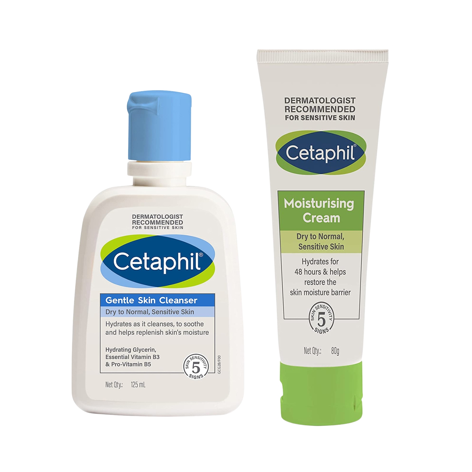 Cetaphil Gentle Skin Cleanser for Dry to Normal Sensitive Skin 125 ml + Cetaphil Moisturising Cream for Face & Body , Dry to Normal skin, 80 gm