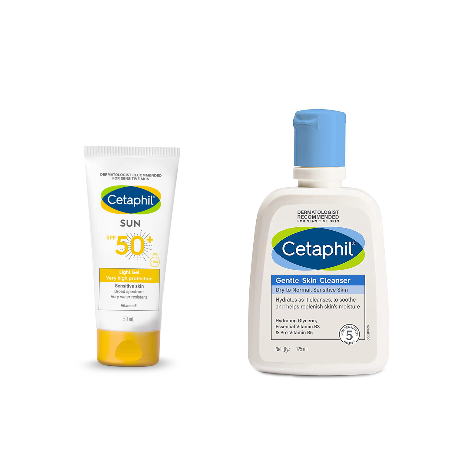 Cetaphil Sun SPF 50 Light Gel Very High Protection for Sensitive Skin (50ml) + Cetaphil Gentle Skin Cleanser for Dry to Normal Sensitive Skin 125 ml